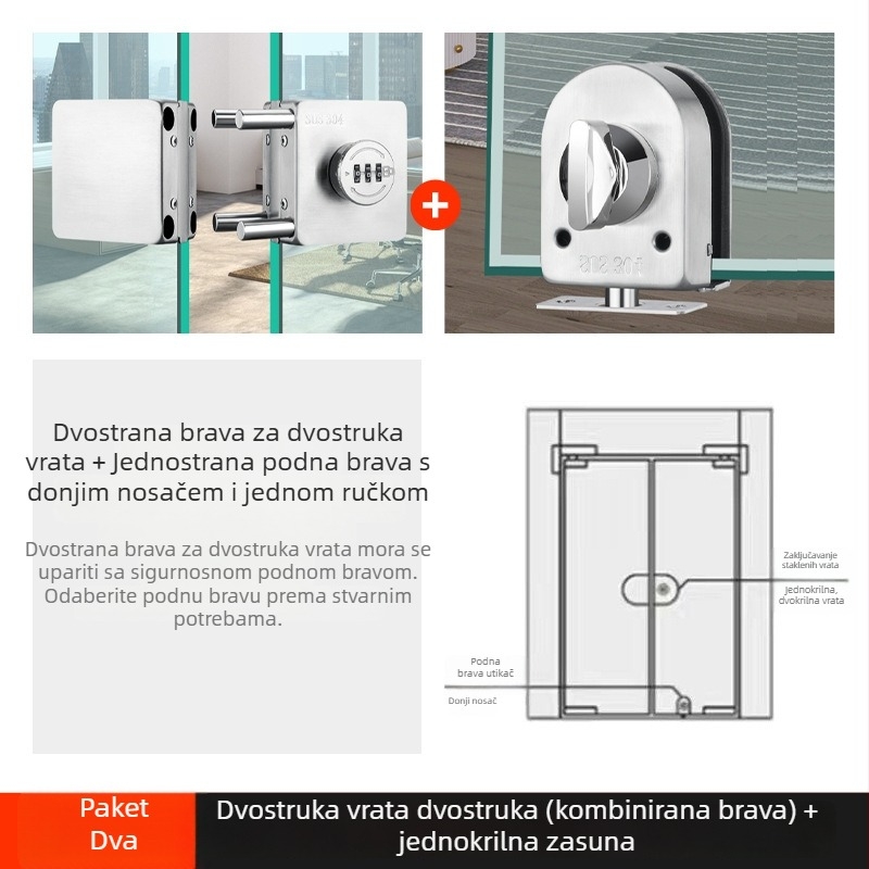 Brava s kodom za bezokvirne staklene vrata, bez bušenja, za jednokrilna i dvokrilna klizna vrata