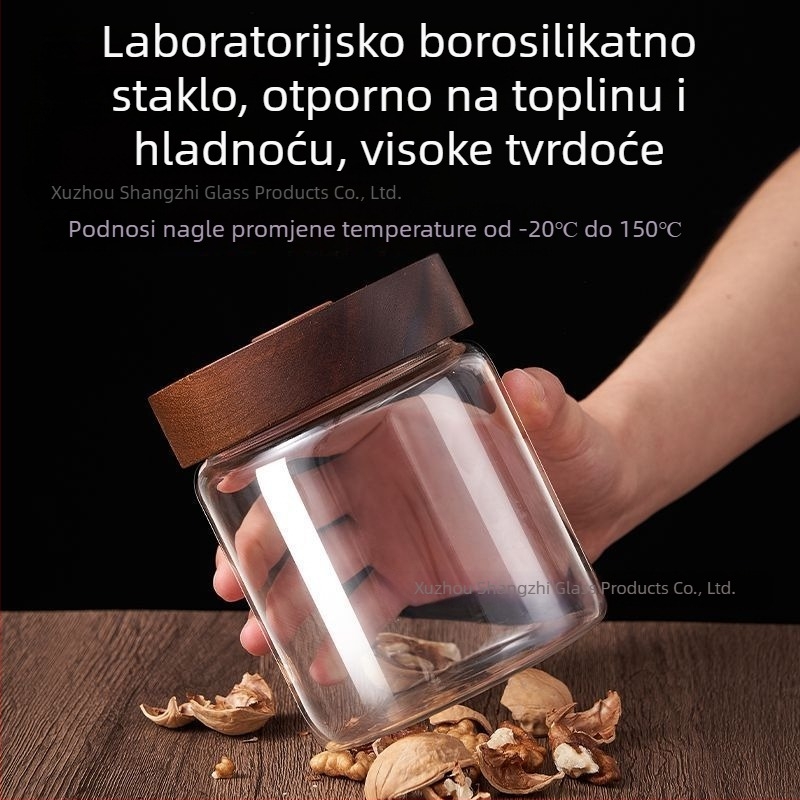 Staklena posuda za pohranu s drvenim poklopcem i jednosmjernim ventilom, za zrna kave, suho voće, koru mandarine i čaj.