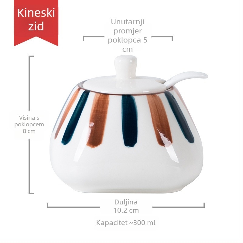 Keramički set začina s glaziranom završnom obradom, japanski stil posuda za začine sa žličicom, trodjelni set: posuda za sol i posuda za šećer za kuhinju