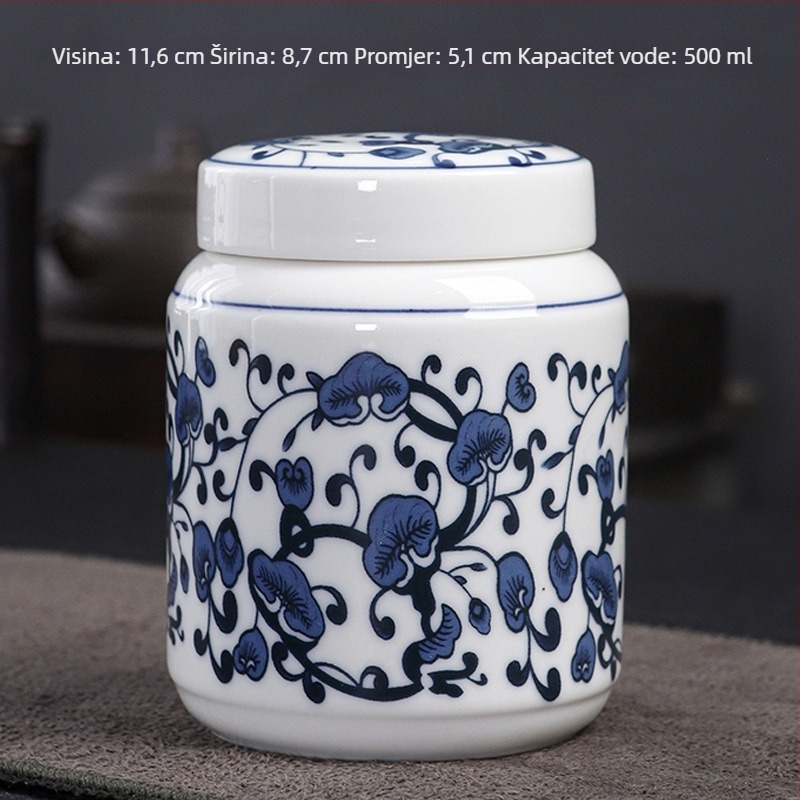 Plavo-bijela porcelanska retro keramička posuda za tradicionalnu kinesku medicinu, med, prašak i čaj, zatvorena posuda