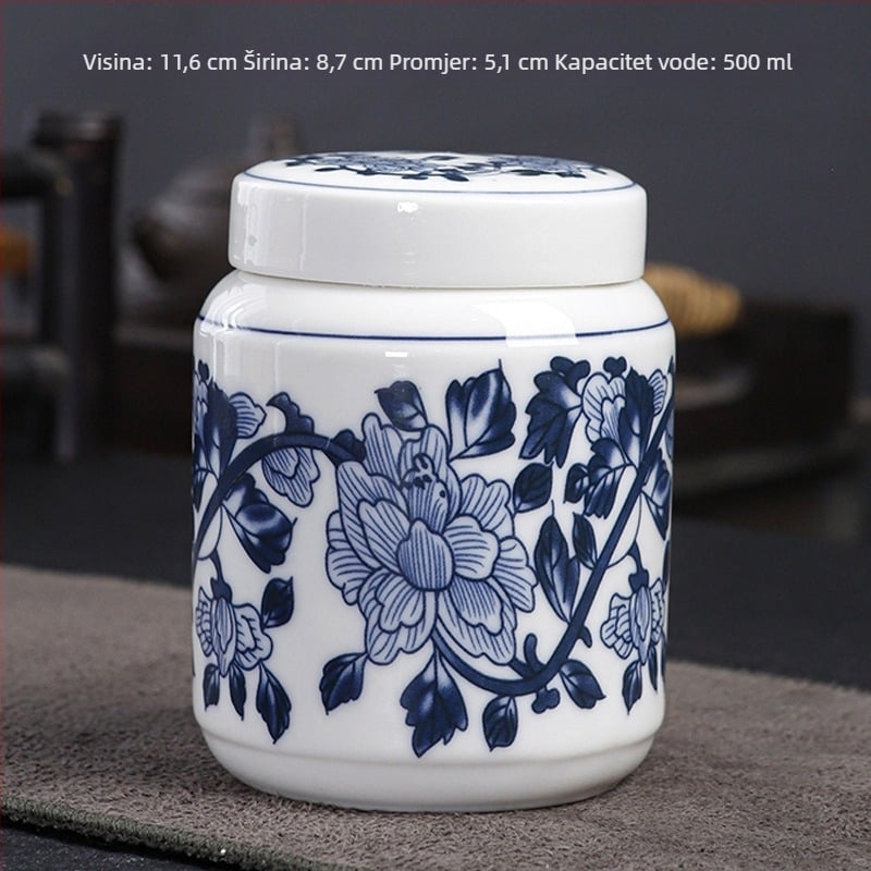 Plavo-bijela porcelanska retro keramička posuda za tradicionalnu kinesku medicinu, med, prašak i čaj, zatvorena posuda