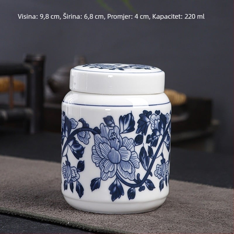Plavo-bijela porcelanska retro keramička posuda za tradicionalnu kinesku medicinu, med, prašak i čaj, zatvorena posuda