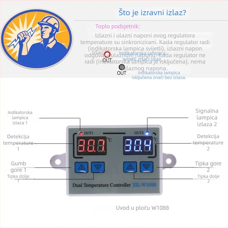 XK-1088 Dvokanalni digitalni termostat za grijanje i hlađenje, izravni izlaz KT99