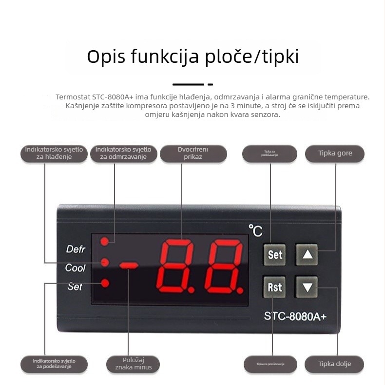 STC-8080A+ temperaturni regulator za hladnjak i zamrzivač s digitalnim zaslonom, potpuno automatska regulacija temperature