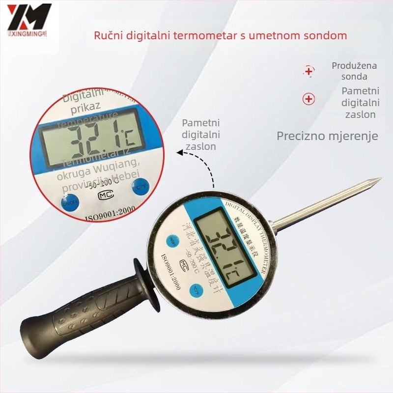 Ručni digitalni termometar sa sondom, ubacivog tipa, za mjerenje temperature tla tijekom fermentacije slamnatih gomila i skladištenja žitarica