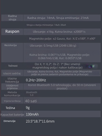 Vite Bluetooth 5.0 akcelerometar, gyroskop, senzor ugla, elektronički kompas, magnetometar, inklinometar