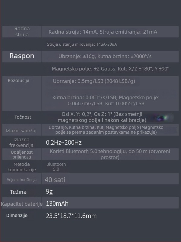 Vite Bluetooth 5.0 akcelerometar, gyroskop, senzor ugla, elektronički kompas, magnetometar, inklinometar