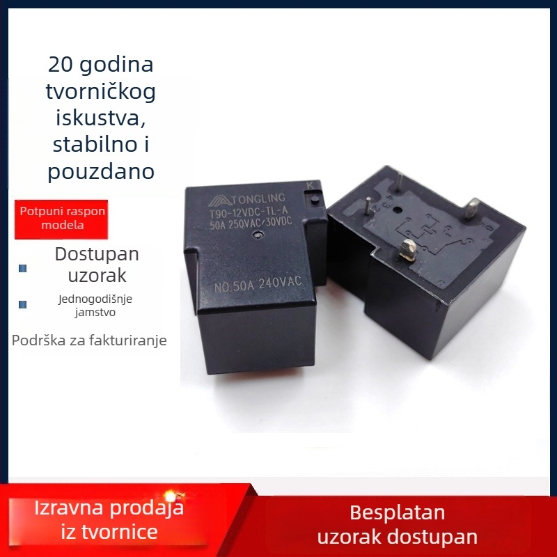 T90 relej, normalno otvoren kontakt, 50A, 4-pin, 12V zavojnica, za stanice za punjenje automobila, visok protok struje