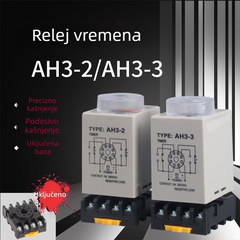 AH3-3 vremenski relej s AH3-2, 220V AC / 24V DC / 12V DC, podesivo kašnjenje, 8-pinsko