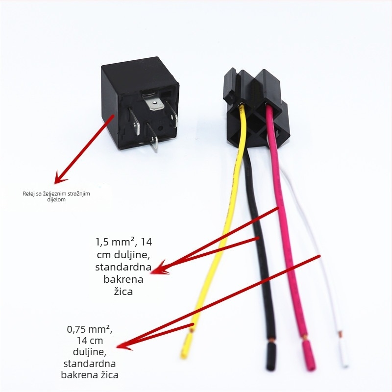 Automobilsko rele JD1912 40A, 12V/24V, s četiri pina i kabelskim utičnicama, metalna stražnja strana, za prilagodbe