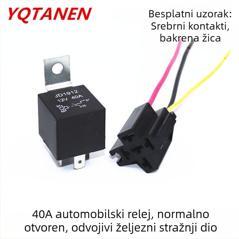 Automobilsko rele JD1912 40A, 12V/24V, s četiri pina i kabelskim utičnicama, metalna stražnja strana, za prilagodbe
