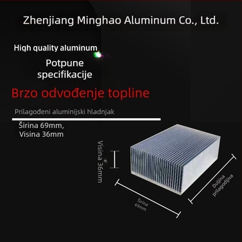 Aluminijski profilni hladnjak, dimenzije: širina 69 mm, visina 36 mm, duljina 100 mm; za hlađenje grafičkih kartica, pretvarača i poluvodičkih releja.