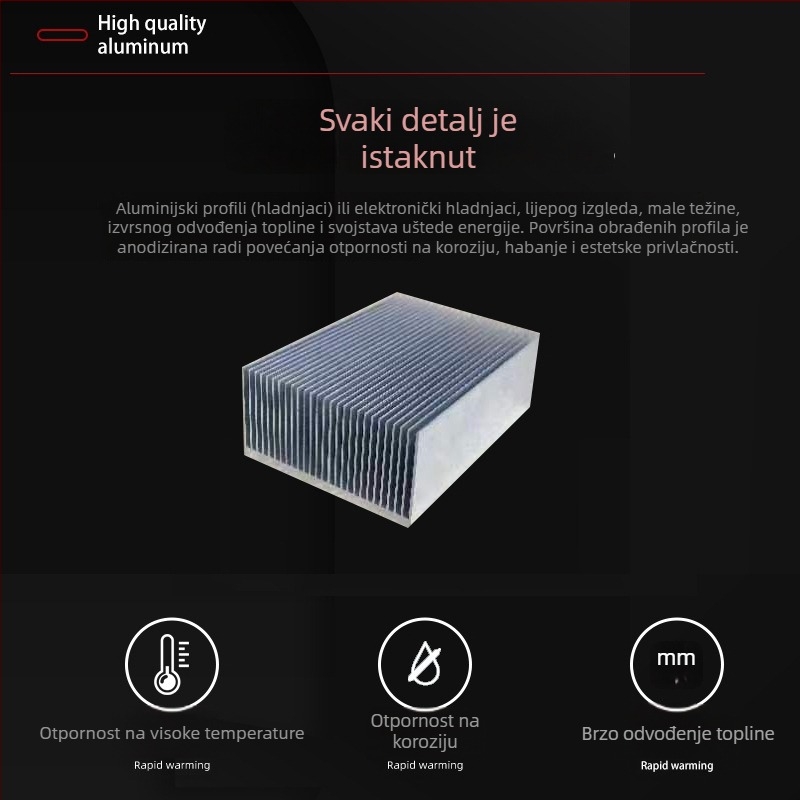Aluminijski profilni hladnjak, dimenzije: širina 69 mm, visina 36 mm, duljina 100 mm; za hlađenje grafičkih kartica, pretvarača i poluvodičkih releja.