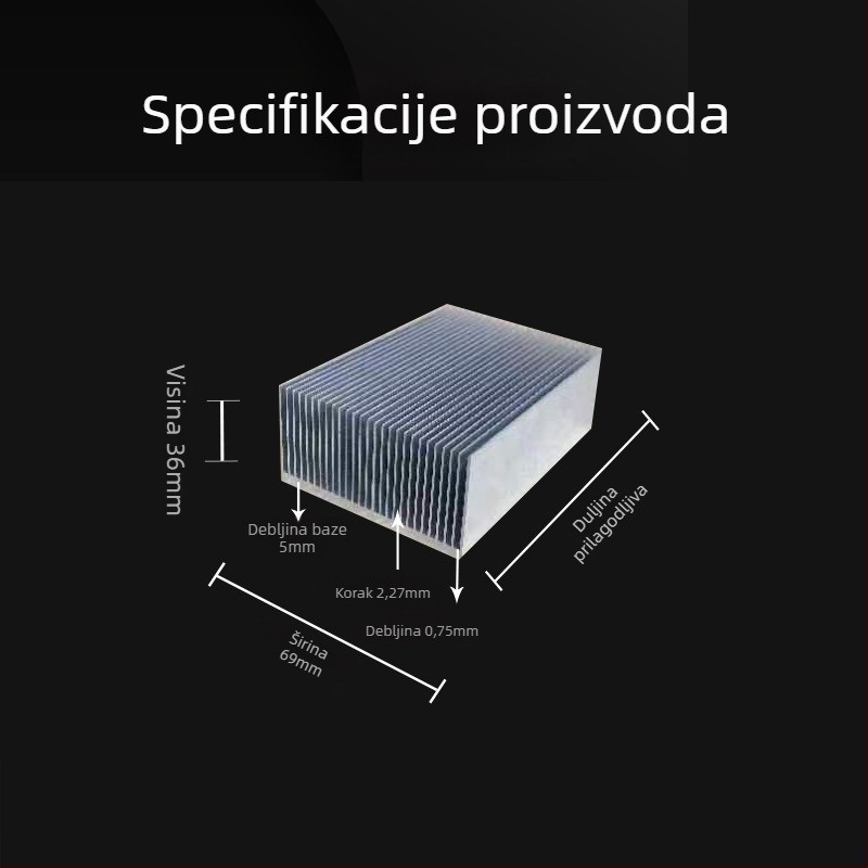 Aluminijski profilni hladnjak, dimenzije: širina 69 mm, visina 36 mm, duljina 100 mm; za hlađenje grafičkih kartica, pretvarača i poluvodičkih releja.