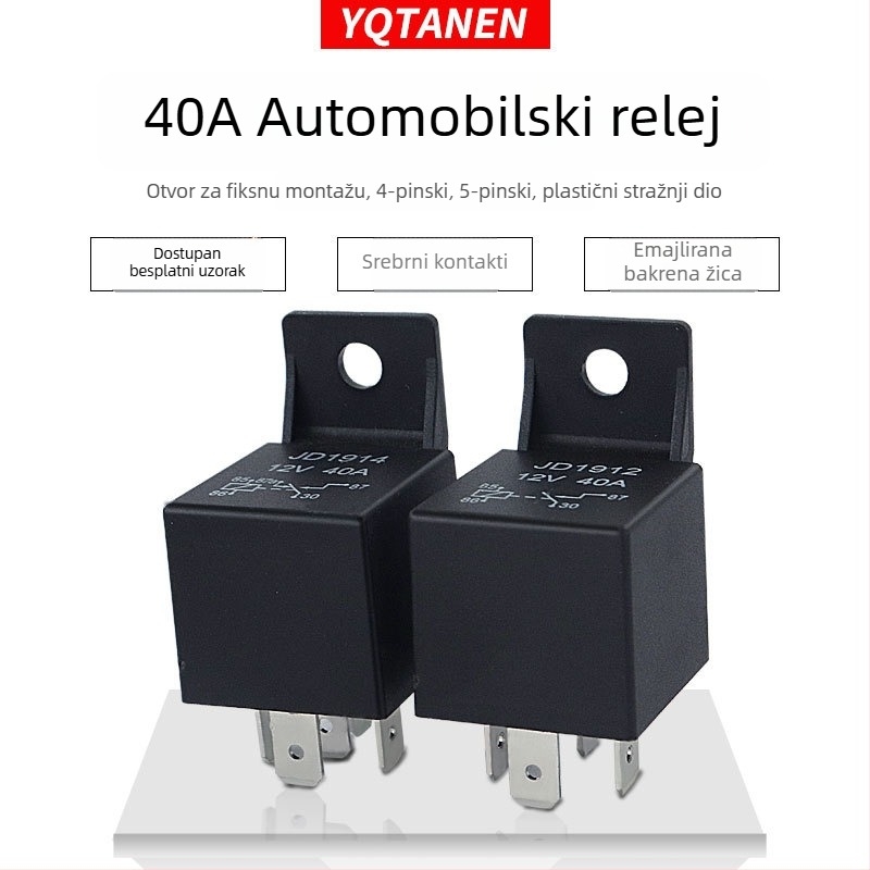 Automobilsko rele 40A 12V/24V JD1914/JD1912 s plastičnim montažnim otvorima, 4-pinski/5-pinski