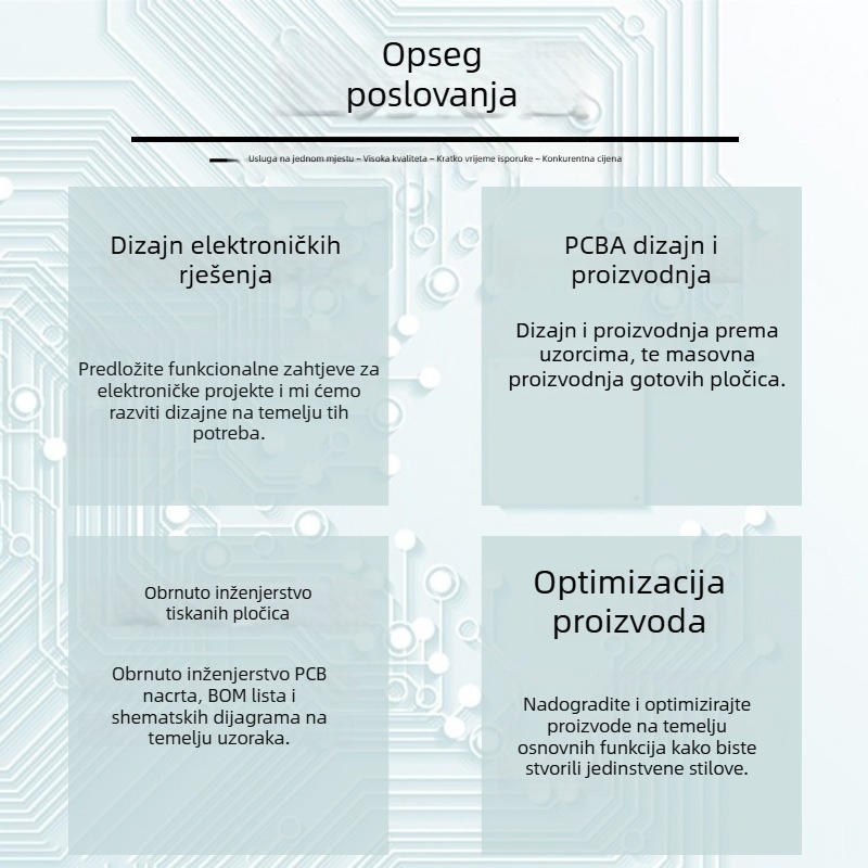 PCB reverzno inženjerstvo, prototipiranje ploča, PCBA SMT montaža, OEM materijali