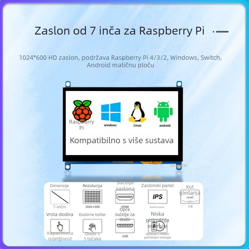 7-inčna kapacitivna dodirna ploča za Raspberry Pi, HDMI IPS LCD zaslon, bez upravljačkog programa, rezolucija 1024x600