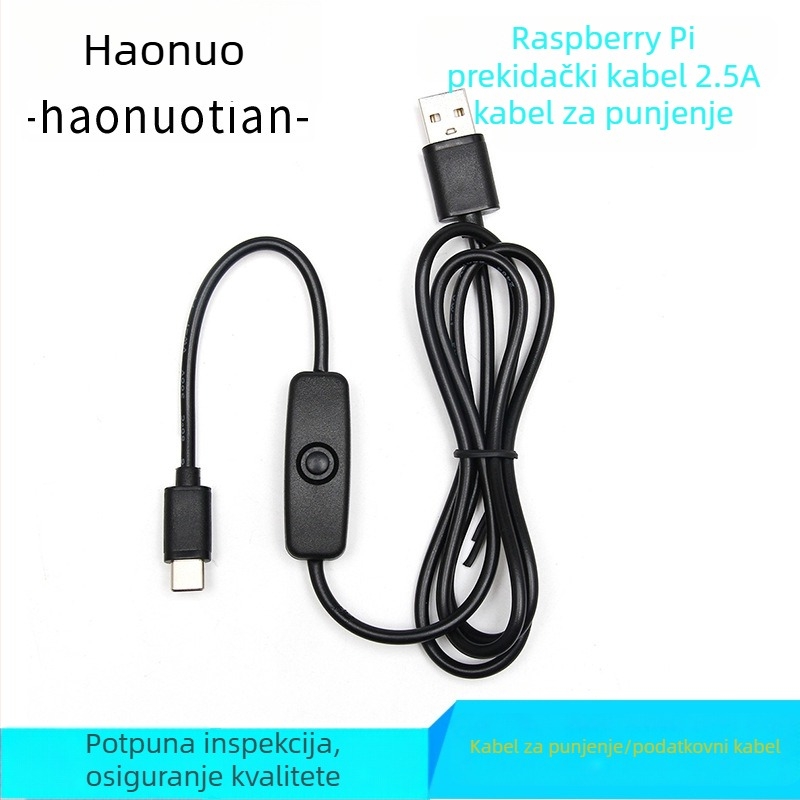 Novo napajanje za Raspberry Pi 4B s prekidačem, USB-C na USB punjački kabel, duljina 1 m, 3 A