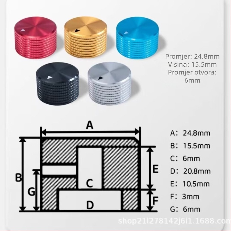 Visokokvalitetni čvrsti aluminijski gumb potenciometra RV24, poklopac gumba od aluminijske legure 25×15,5
