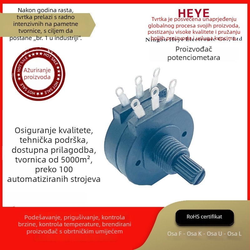 Wh138S vodootporni rotacijski potenciometar, potpuno plastično zatvoren, s prekidačem, za zavarivačke strojeve, upravljanje visokim strujama i brzinom