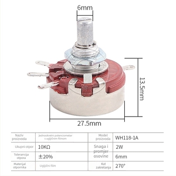 WH118-1A Podesivi potenciometar s jednim okretajem, karbonski film, 2W, otpor vrijednosti: 1Ω, 2.2Ω, 4.7Ω, 22Ω, 470kΩ, 10kΩ