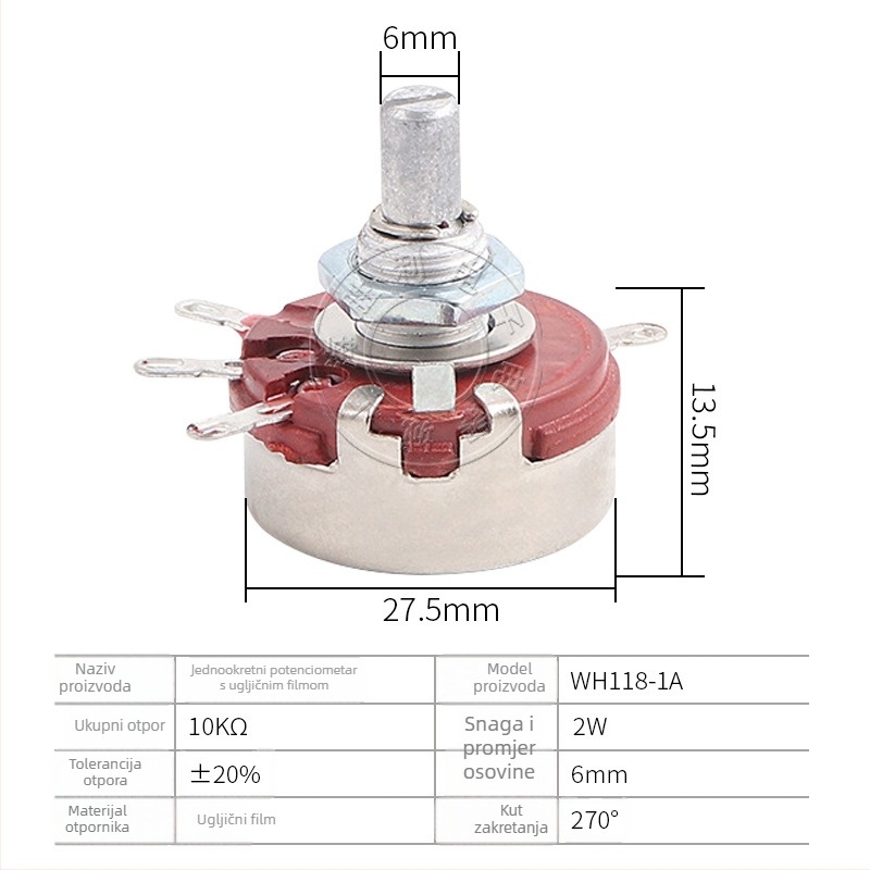 WH118-1A Podesivi potenciometar s jednim okretajem, karbonski film, 2W, otpor vrijednosti: 1Ω, 2.2Ω, 4.7Ω, 22Ω, 470kΩ, 10kΩ