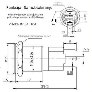16 mm metalni samozaključavajući gumb za Start/Stop, vodootporan prekidač s LED prstenom rasvjete i simbolom napajanja, visok strujni tok 10A