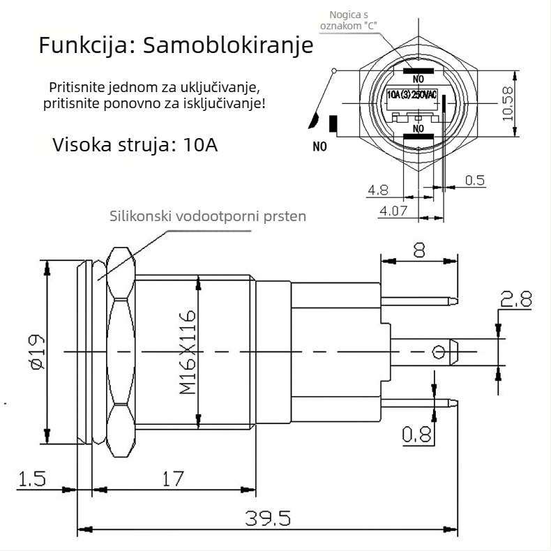 16 mm metalni samozaključavajući gumb za Start/Stop, vodootporan prekidač s LED prstenom rasvjete i simbolom napajanja, visok strujni tok 10A