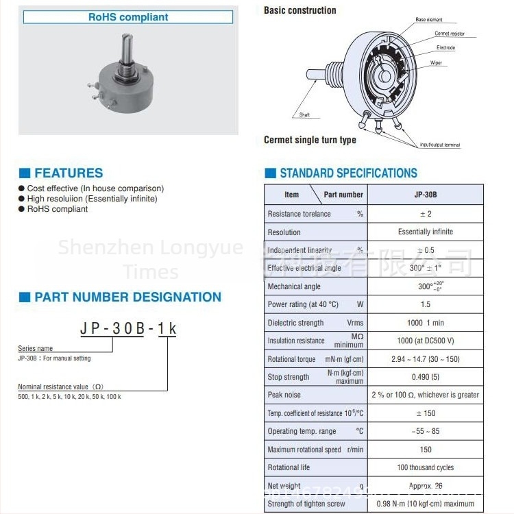 JP-30B metalno-keramički potenciometar, s jednim okretajem, 1 kΩ i 2 kΩ, tolerancija 0,5%, 300°