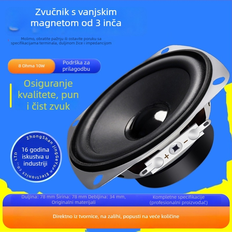 Jinggeyuan 78 mm kvadratni zvučnik pune frekvencije, multimedični zvučnik s vanjskim magnetom, 3 inča, 8 Ω, 10 W