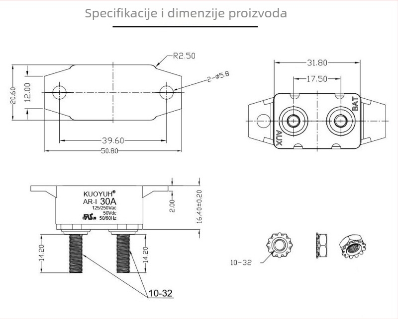 AR automobilni prekidač s zaštitom od preopterećenja struje, automatskim resetiranjem i zaštitom temperature KUOYUH