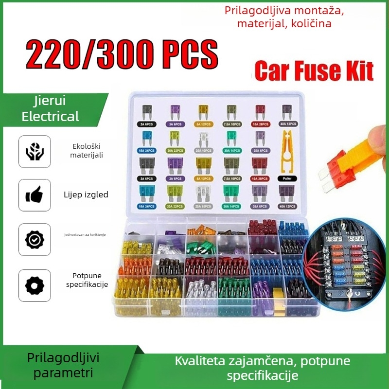 Set aluminijskih osigurača srednje i manje veličine u kutiji, 220/300 komada, uz mali klip, žuti auto osigurači