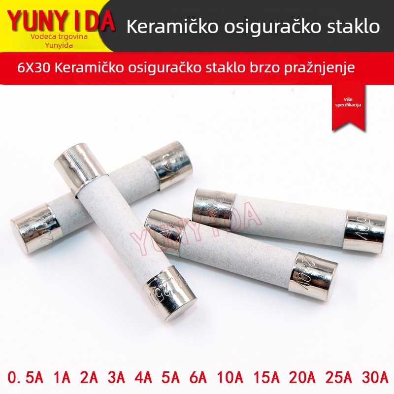 Keramički osigurač 6x30 mm, brzo djelujući, 0,5–30 A, 250 V, cijevni osigurač za elektroniku i rasvjetu