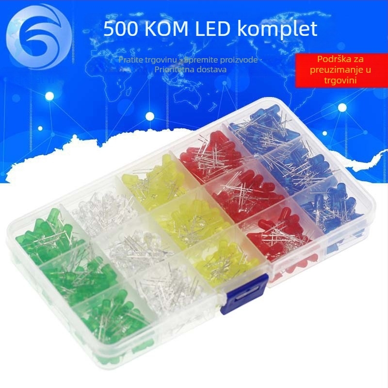5mm LED diode u kutiji s tranzistorom, 500 komada, 100 po boji, ukupno 5 vrsta