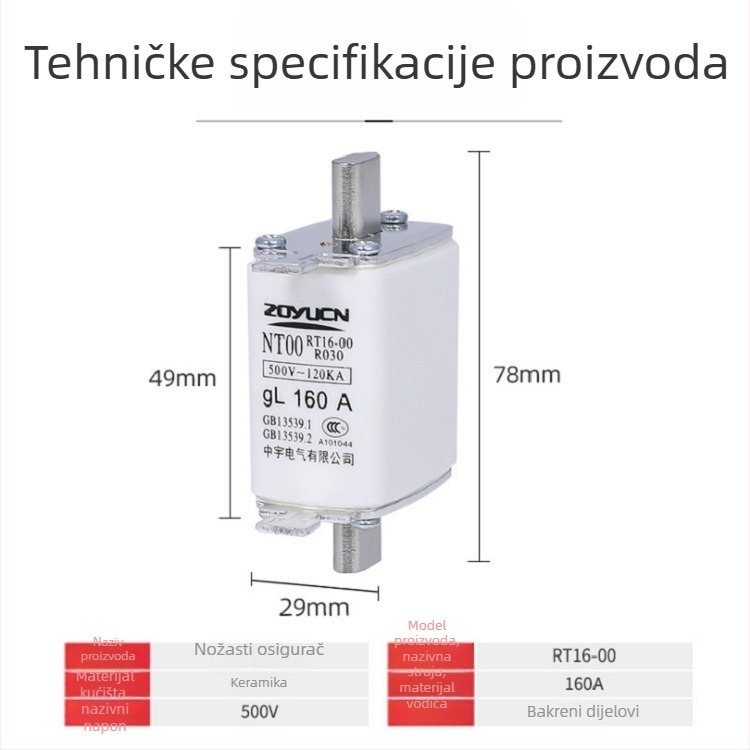 Niskonaponski osigurač NT00 160A keramički element RT16-00