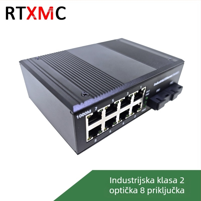 Industrijski optički transceiver i Gigabitni Ethernet switch, 2 optička porta i 8 električnih portova, opto-elektronički pretvarač, PoE napajanje