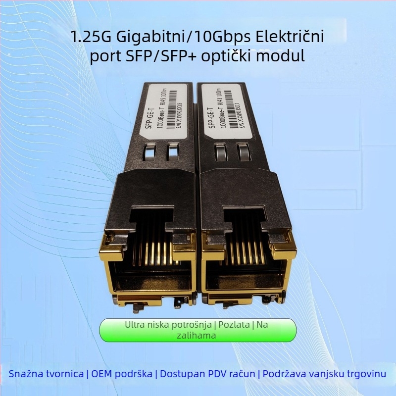 Industrijski SFP modul za optičko-električno pretvaranje s RJ45 sučeljem, brzina 1/10 Gb/s, domet 30/100 m, potpuno kompatibilno.