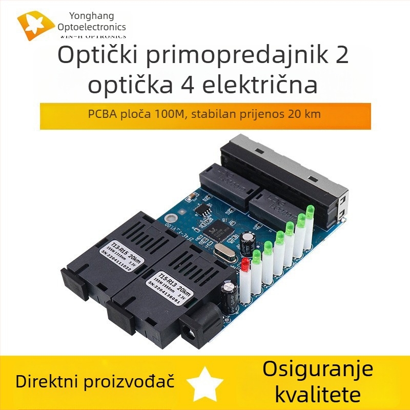 100 Mbps optički transceiver, 2 optička i 4 električna optoelektronska pretvarača na PCBA ploči, domet 20 km