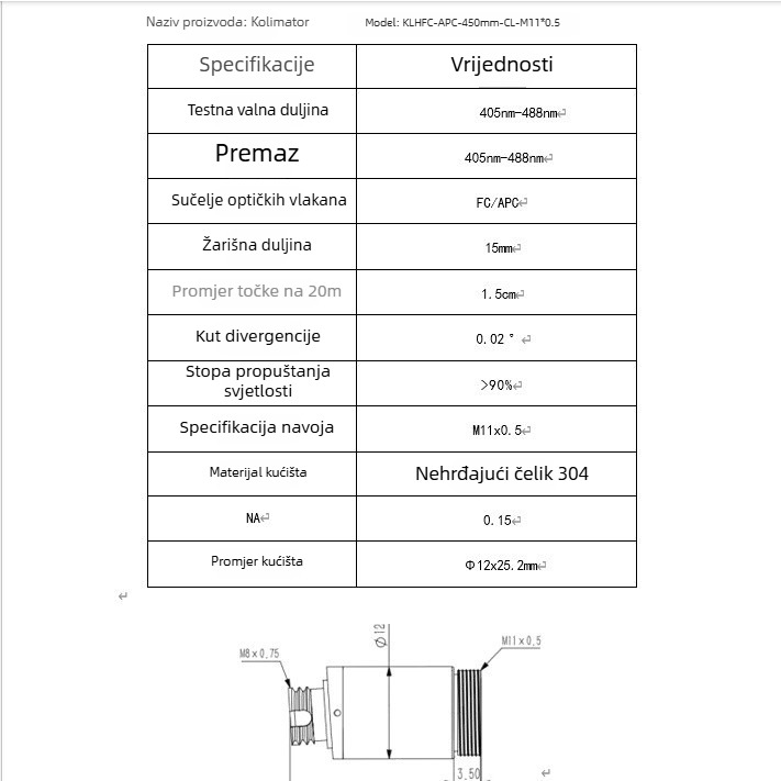 Asferični kolimator optičkog vlakna FC/APC FC/PC SMA905, laserski kolimator vlakna, plava točka svjetla