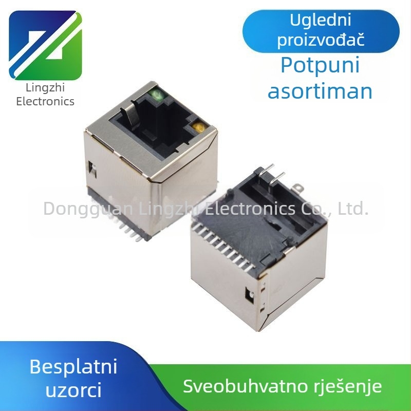 RJ45 uspravna ženska utičnica s LED-om, zaštićeni gigabitni filtar, SMT montaža sa stubovima, 10-pini mrežni port