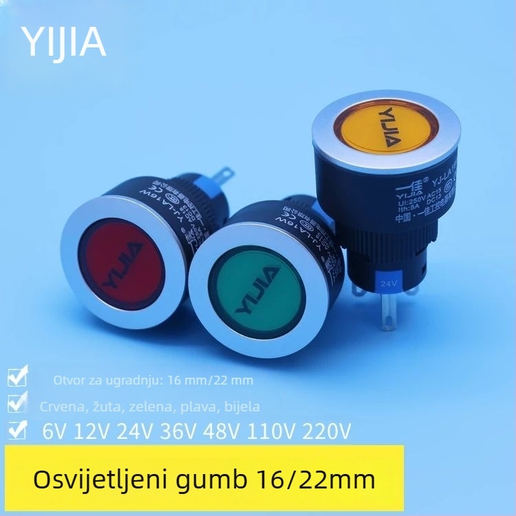 Yijia YJ-LA16W LED gumbasti prekidač, automatsko vraćanje i zaključavanje, 24–220 V, promjer 22 mm