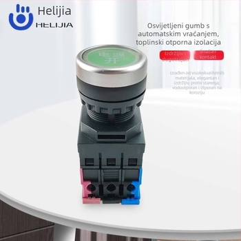 LAY38K-10D prekidač gumba Ø22 mm s LED, plosnatim vrhom, samozaključavajući i automatski vraćajući, zeleni startni gumb