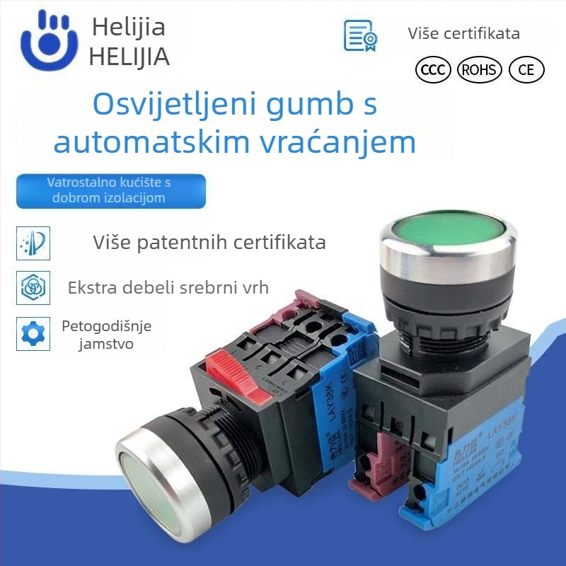 LAY38K-10D prekidač gumba Ø22 mm s LED, plosnatim vrhom, samozaključavajući i automatski vraćajući, zeleni startni gumb