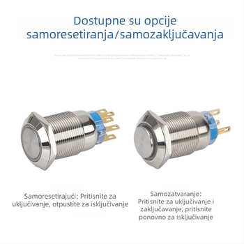 19 mm plavi gumb prekidač s metalnim prednjim prstenom, IP65 vodootporan, samozaključavajući, reset, momentni početak, osvijetljen