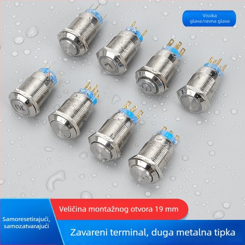 19 mm plavi gumb prekidač s metalnim prednjim prstenom, IP65 vodootporan, samozaključavajući, reset, momentni početak, osvijetljen