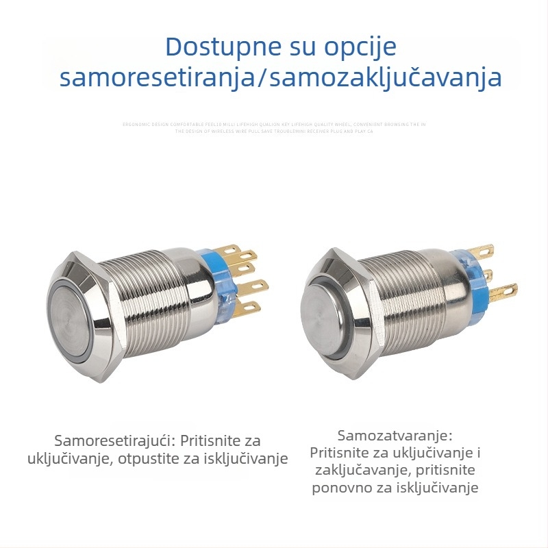 19 mm plavi gumb prekidač s metalnim prednjim prstenom, IP65 vodootporan, samozaključavajući, reset, momentni početak, osvijetljen