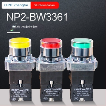 Chint NP2-BW3361/3461 gumbasti prekidač, 24/220V, automatsko resetiranje, 1 normalno otvoren kontakt, LED indikator, crvena/zelena/žuta