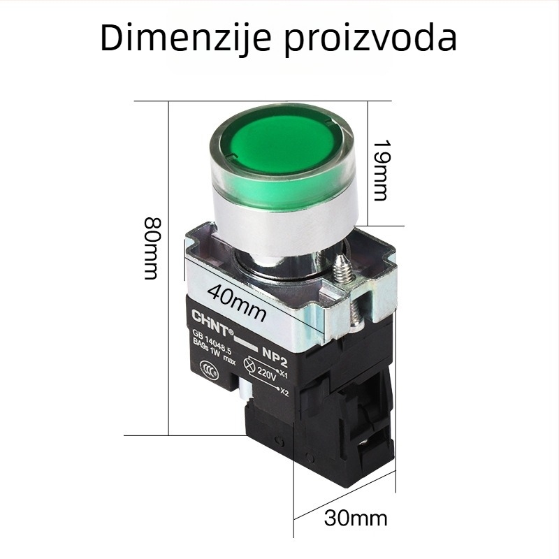 Chint NP2-BW3361/3461 gumbasti prekidač, 24/220V, automatsko resetiranje, 1 normalno otvoren kontakt, LED indikator, crvena/zelena/žuta