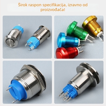 Mikro prekidač s tipkom, promjer 30 mm, nehrđajući čelik, vodootporan i otporan na prašinu, momentni tip, okrugla ravna glava, metalni prekidač 30A