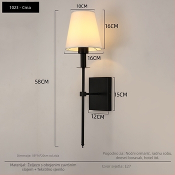 Zidna svjetiljka s platnenim abažurom za unutarnju upotrebu — pogodna za spavaću sobu, hodnik, ured i hotel, vintage stil, LED rasvjeta